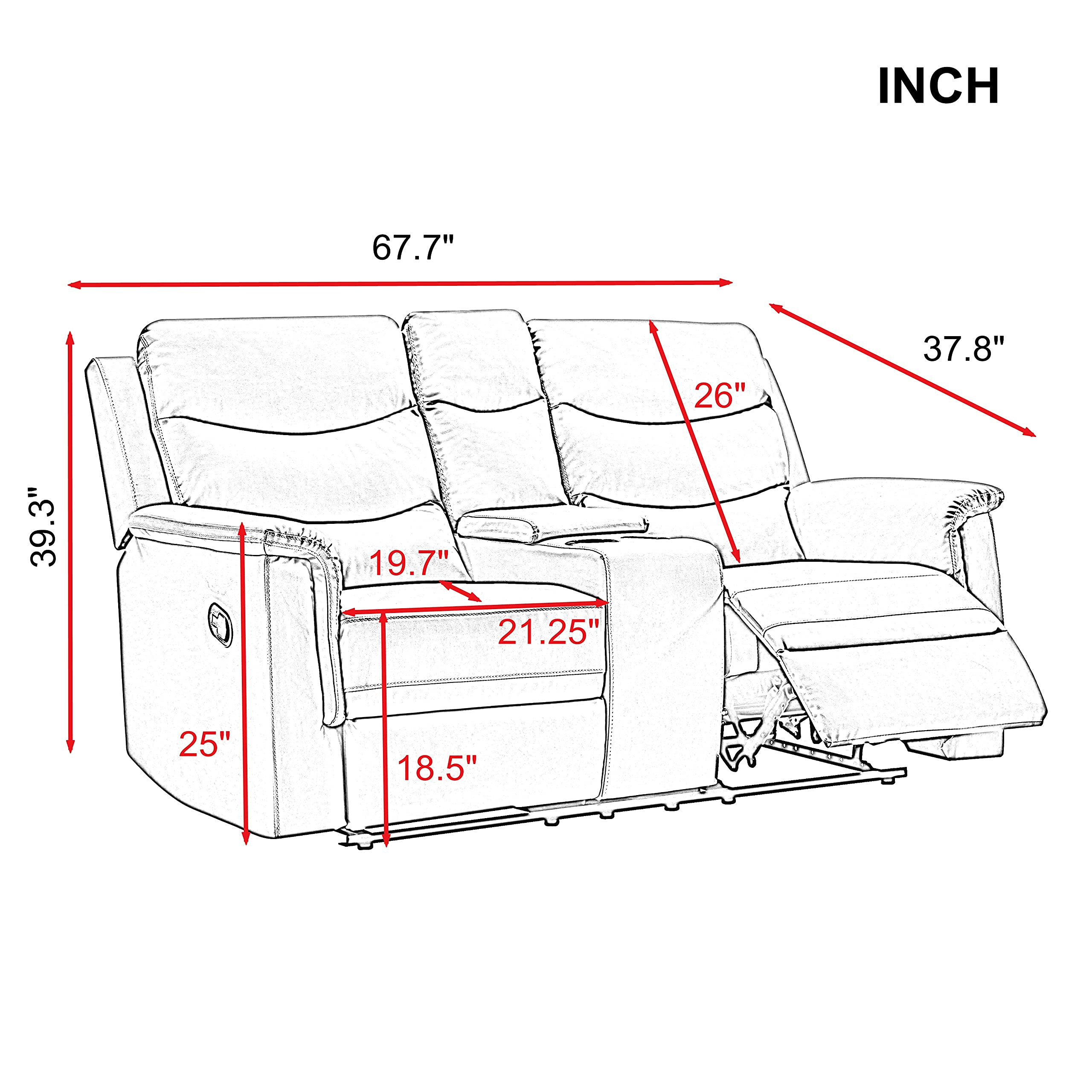 Eafurn Faxu Leather Love, Manual Double Reclining Loveseat Sofa, Home Theater Seating with Storage Console, Wall Hug RV Couch with Cup Holders for Living Room Furniture Sets, Grey