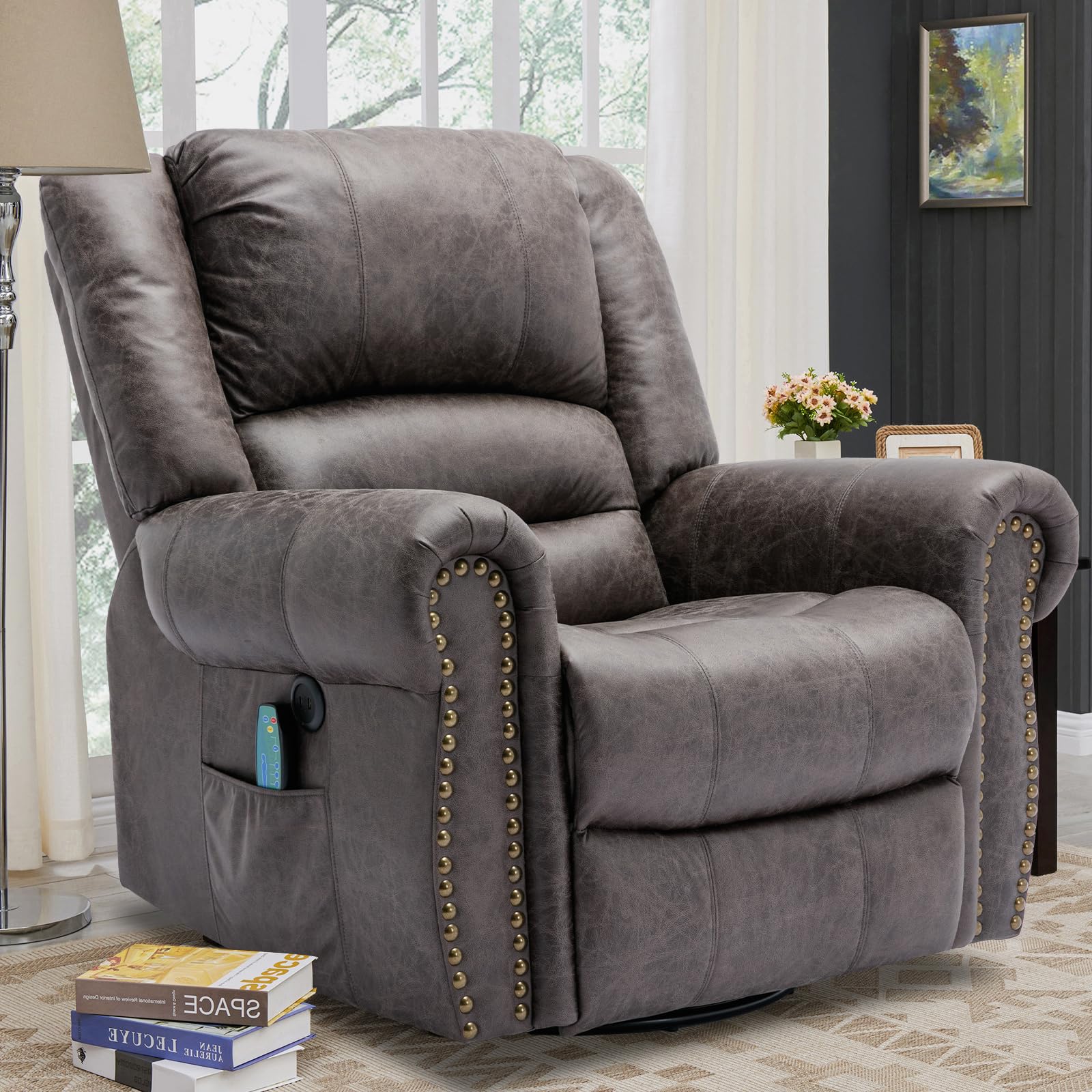 VIVIJASON Massage Swivel Rocker Recliner Chair with Heat & Vibration, 360° Swivel Manual Glider Rocking Reclining Chair with 2 Remote Controls, Side Pockets & USB Ports for Living Room, Smoky Gray