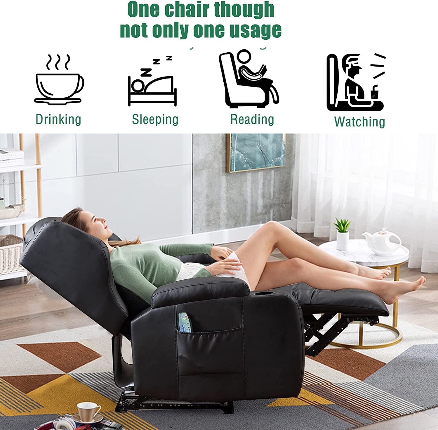 BINGTOO Electric Power Recliner Chair with Massage and Heat Recliner Chairs for Adults, Leather Home Theater Seating with Base Light, Cup Holders, USB Port…