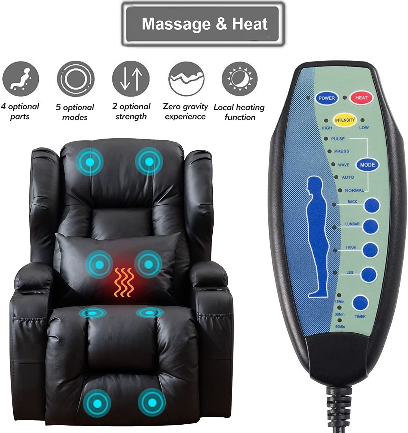 BINGTOO Electric Power Recliner Chair with Massage and Heat Recliner Chairs for Adults, Leather Home Theater Seating with Base Light, Cup Holders, USB Port…