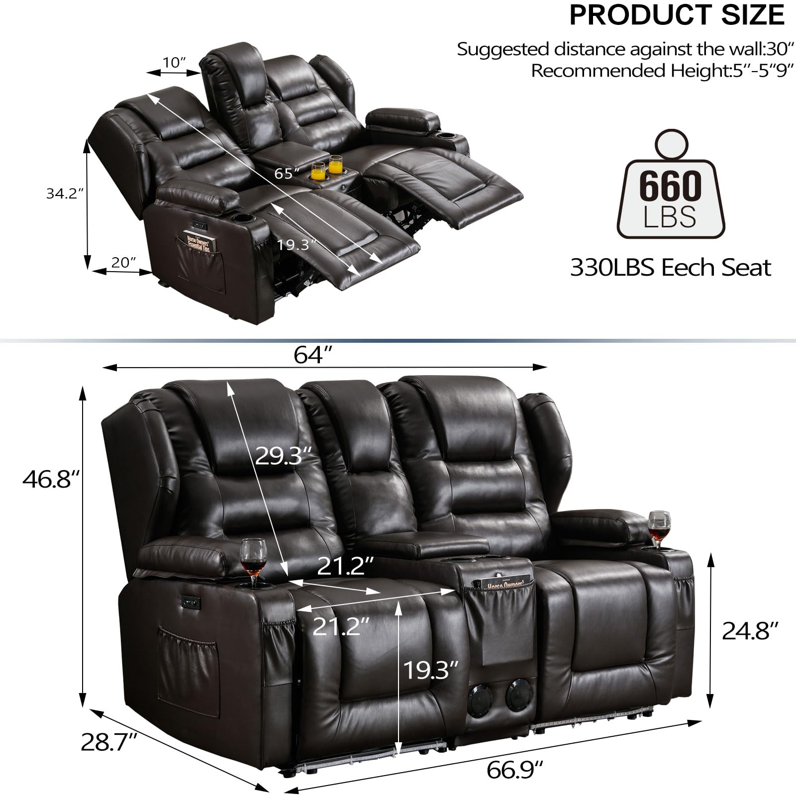 SAMERY Power Recliner Loveseat - Electric RV Reclining Loveseat with Console - 67" Double Recliner 2-Seater RV Sofa Couch with USB/LED Strip for Living Room - Home Theater Seating