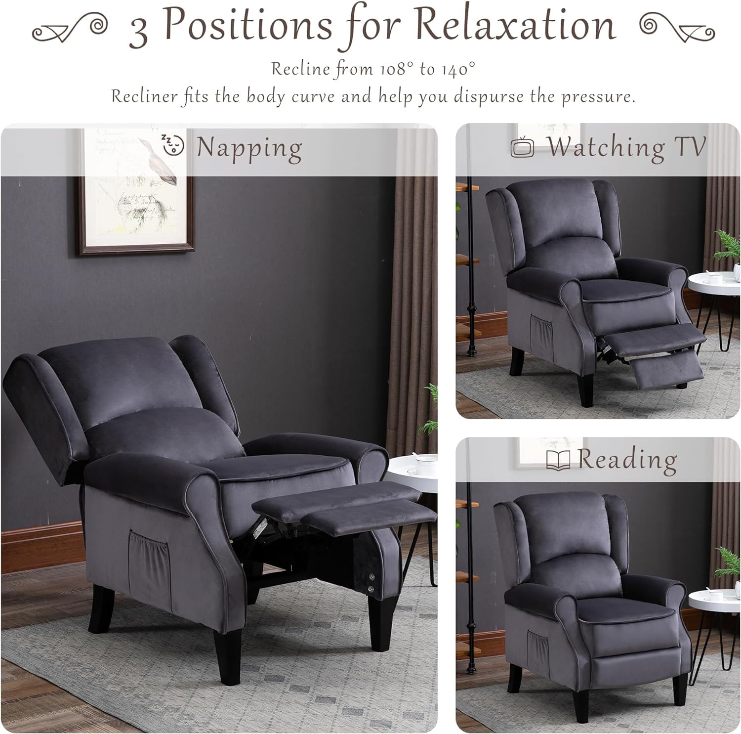 RINDOW Vintage Armchair Sofa Comfortable Upholstered Recliner Chair for Living Room, Home Theater Seating, Adjustable Backrest and Footrest, Non-Slip Feet for TV Reading and Relaxation (Color : Grey)