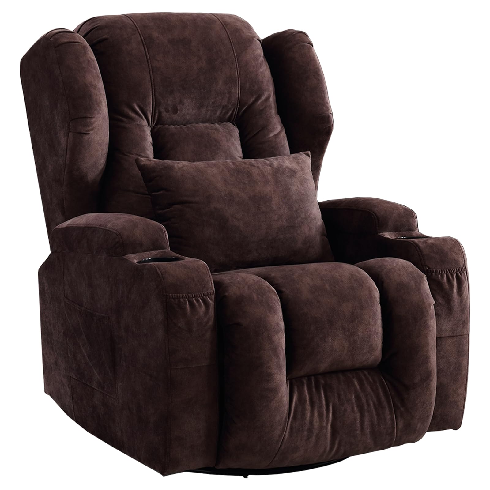 IPKIG Manual Recliner Chair - Swivel Rocker Recliner Chair, Velvet Fabric Recliner Sofa Chairs with 2 Cup Holders, Lumbar Pillow and Side Pockets for Nursery Living Room (Coffee- Manual Recliner)