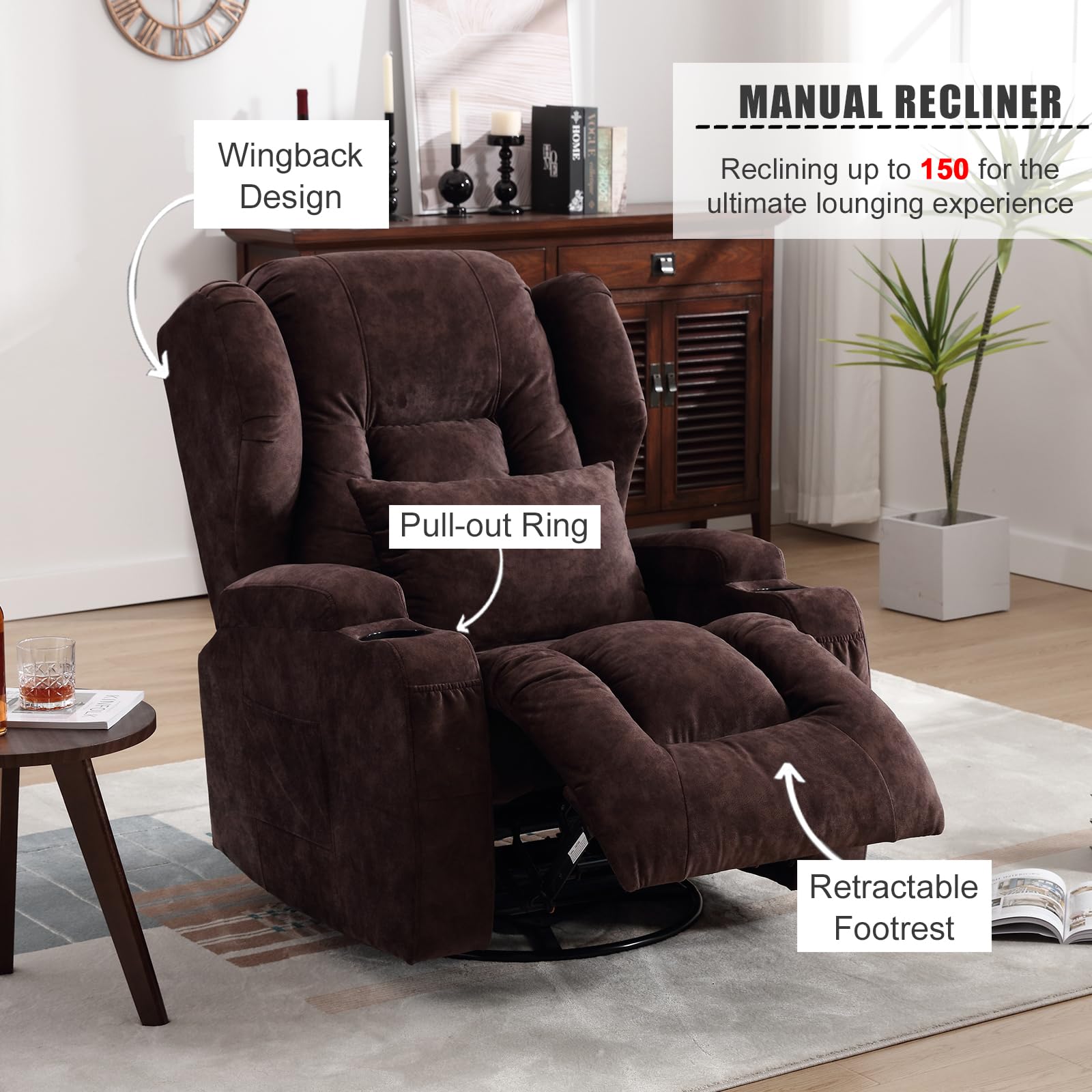 IPKIG Manual Recliner Chair - Swivel Rocker Recliner Chair, Velvet Fabric Recliner Sofa Chairs with 2 Cup Holders, Lumbar Pillow and Side Pockets for Nursery Living Room (Coffee- Manual Recliner)