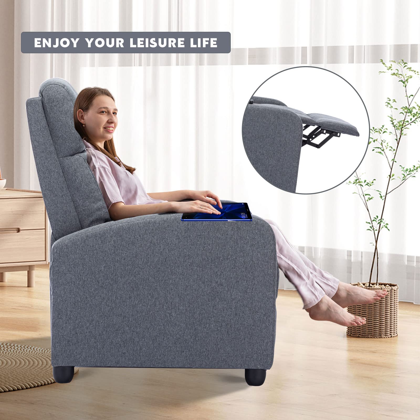 Phoenix Home New Model Massage, Modern Single Sofa Padded Backrest and Thick Seat Cushion, PU Leather Recliner Chair for Living Room, Home Theater, Light Grey