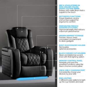 Valencia Tuscany Ultimate Luxury Edition Semi-Aniline Italian Nappa Leather 20000 Power Recline Power Lumbar Support Power Headrest Memory Control RGB Lighting (Row of 4 Loveseat Center Onyx)