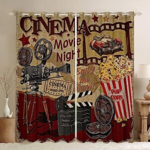 Retro Cinema Curtains,Movie Theater Theme Window Curtains for Boys Girls Teens,Popcorn and Film Window Treatment Curtains Home Decor,Vintage Cinema Ticket Window Drapes for Living Room Bedroom