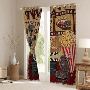 Retro Cinema Curtains,Movie Theater Theme Window Curtains for Boys Girls Teens,Popcorn and Film Window Treatment Curtains Home Decor,Vintage Cinema Ticket Window Drapes for Living Room Bedroom