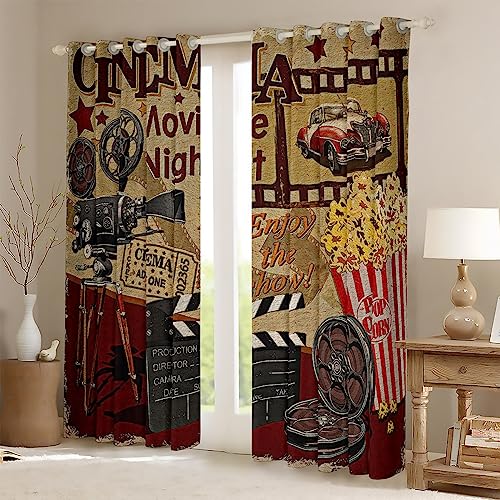 Retro Cinema Curtains,Movie Theater Theme Window Curtains for Boys Girls Teens,Popcorn and Film Window Treatment Curtains Home Decor,Vintage Cinema Ticket Window Drapes for Living Room Bedroom