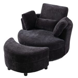 oversized swivel accent barrel chair with storage ottoman+4 pillows, modern upholstered comfy sofa chaise leisure round lounge chair for living room/bedroom(42in chenille black)