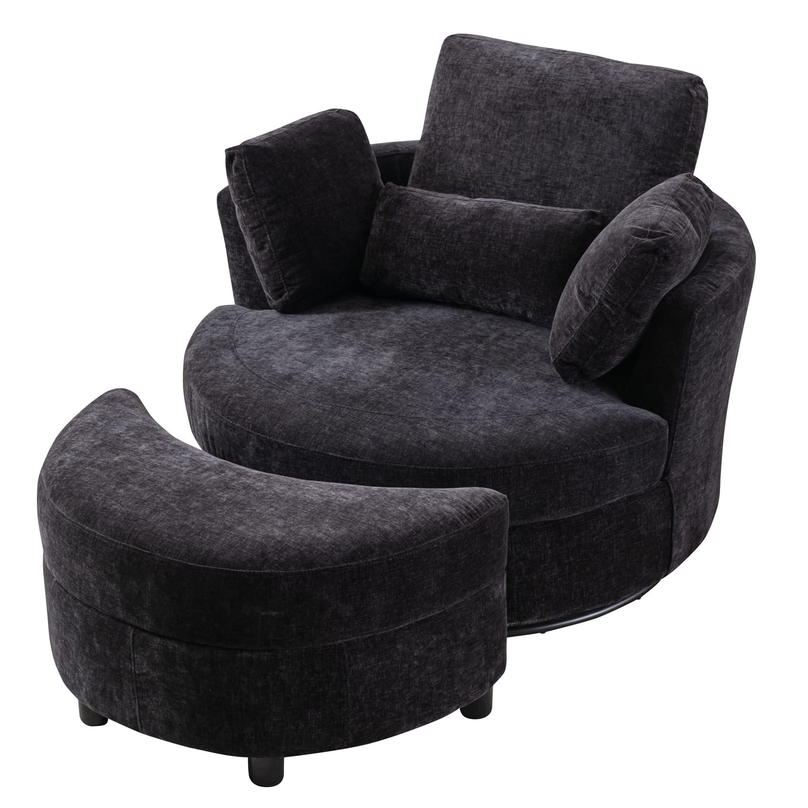 Oversized Swivel Accent Barrel Chair with Storage Ottoman+4 Pillows, Modern Upholstered Comfy Sofa Chaise Leisure Round Lounge Chair for Living Room/Bedroom(42in Chenille Black)