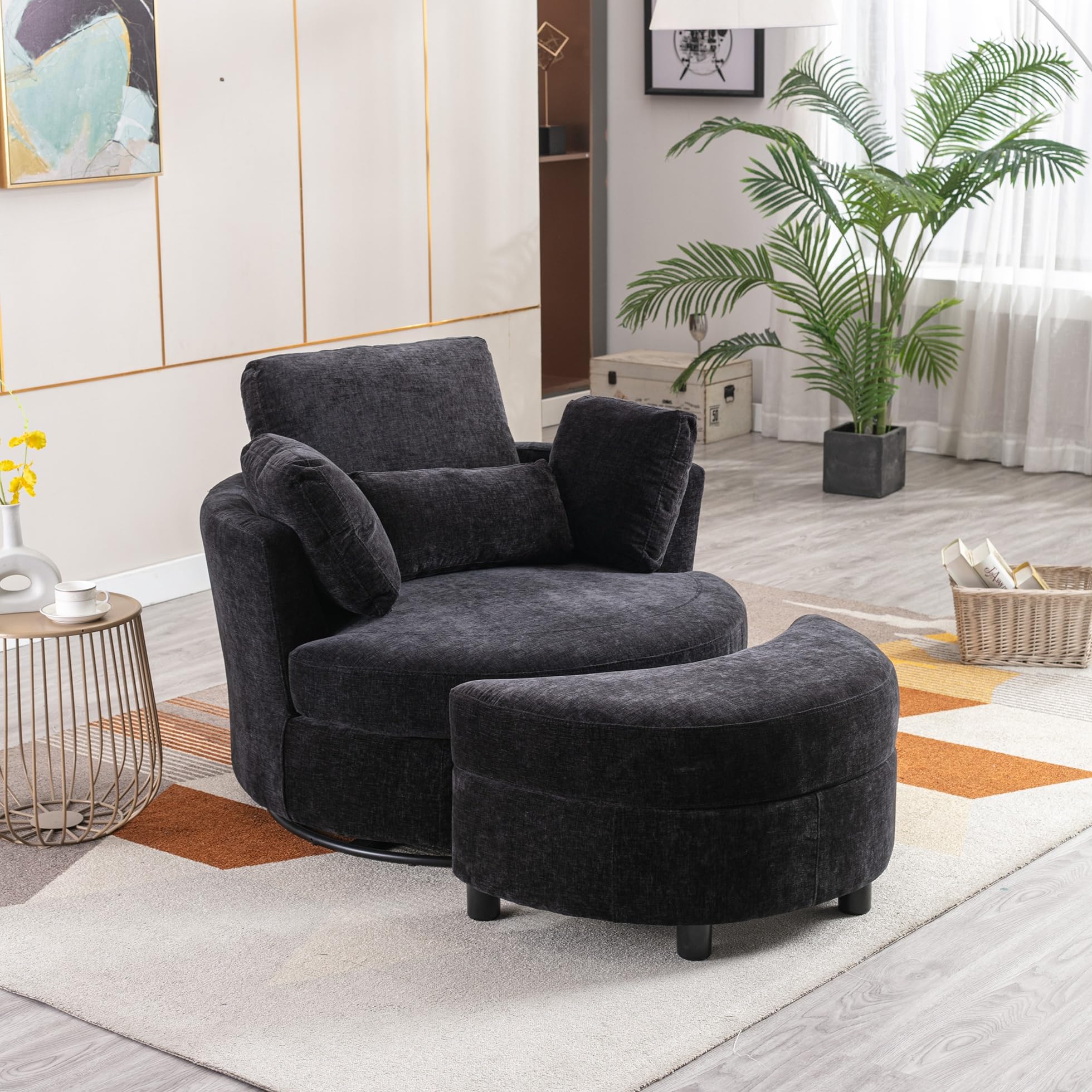 Oversized Swivel Accent Barrel Chair with Storage Ottoman+4 Pillows, Modern Upholstered Comfy Sofa Chaise Leisure Round Lounge Chair for Living Room/Bedroom(42in Chenille Black)