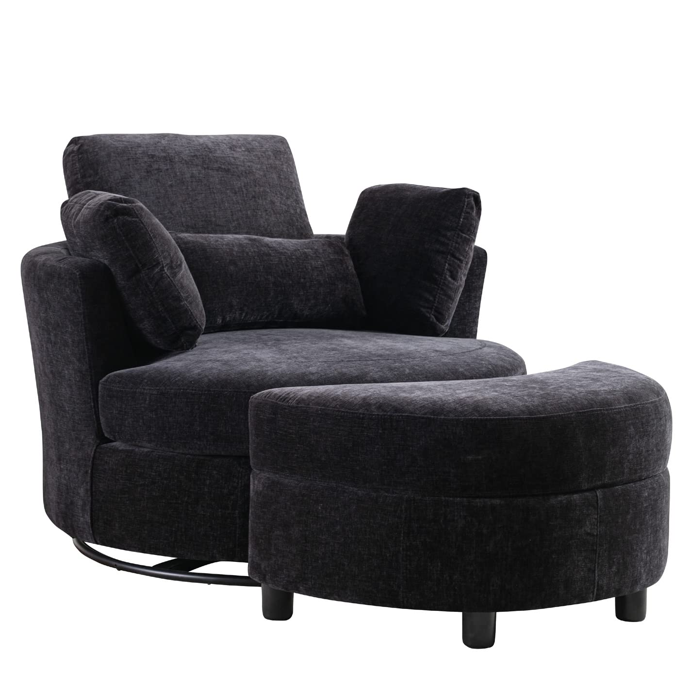 Oversized Swivel Accent Barrel Chair with Storage Ottoman+4 Pillows, Modern Upholstered Comfy Sofa Chaise Leisure Round Lounge Chair for Living Room/Bedroom(42in Chenille Black)