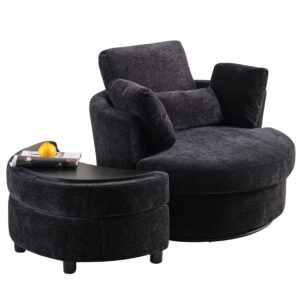 Oversized Swivel Accent Barrel Chair with Storage Ottoman+4 Pillows, Modern Upholstered Comfy Sofa Chaise Leisure Round Lounge Chair for Living Room/Bedroom(42in Chenille Black)