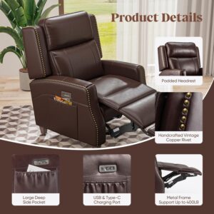 Brown Recliner Chair, Genuine Leather Recliner with Retro Rivet Design, High-Density Sponge, Power Recliner Chair for Living Room, Bedroom, Office, Home Theater