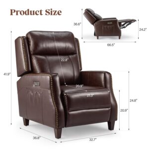 Brown Recliner Chair, Genuine Leather Recliner with Retro Rivet Design, High-Density Sponge, Power Recliner Chair for Living Room, Bedroom, Office, Home Theater