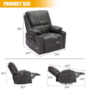 KIGOTY Recliner Chair Rocker Recliner Chair for Adults 360 Degree Swivel Rocker Reliner with Heated Massage Drink Holders Living Room Chair PU, Gray