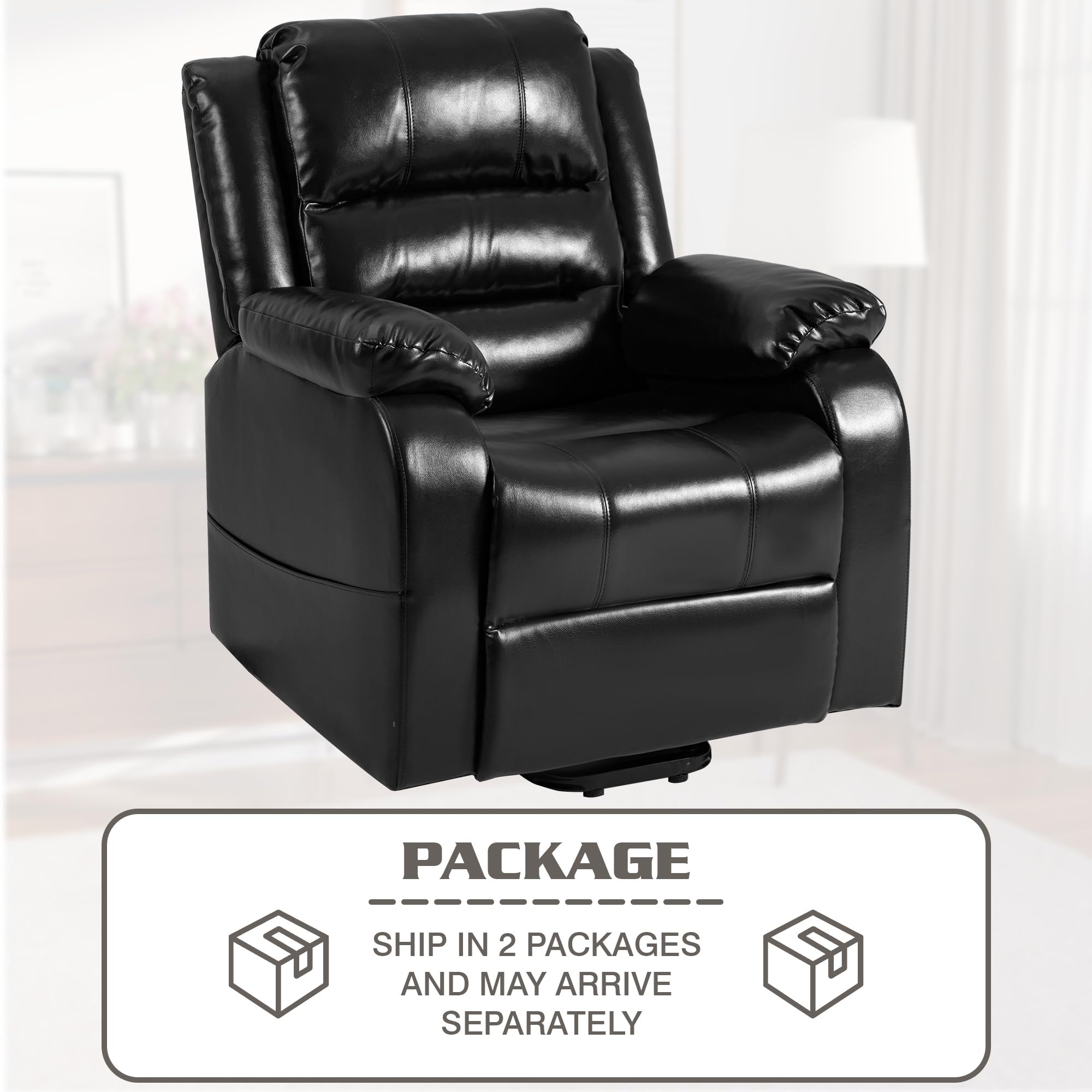 Furmax Power Lift Recliner Chair for Elderly, PU Leather Modern Single Reclining Sofa, Ergonomic Lounge Padded Armchair Home Theater Seat with Lumbar Support for Living Room (Black)