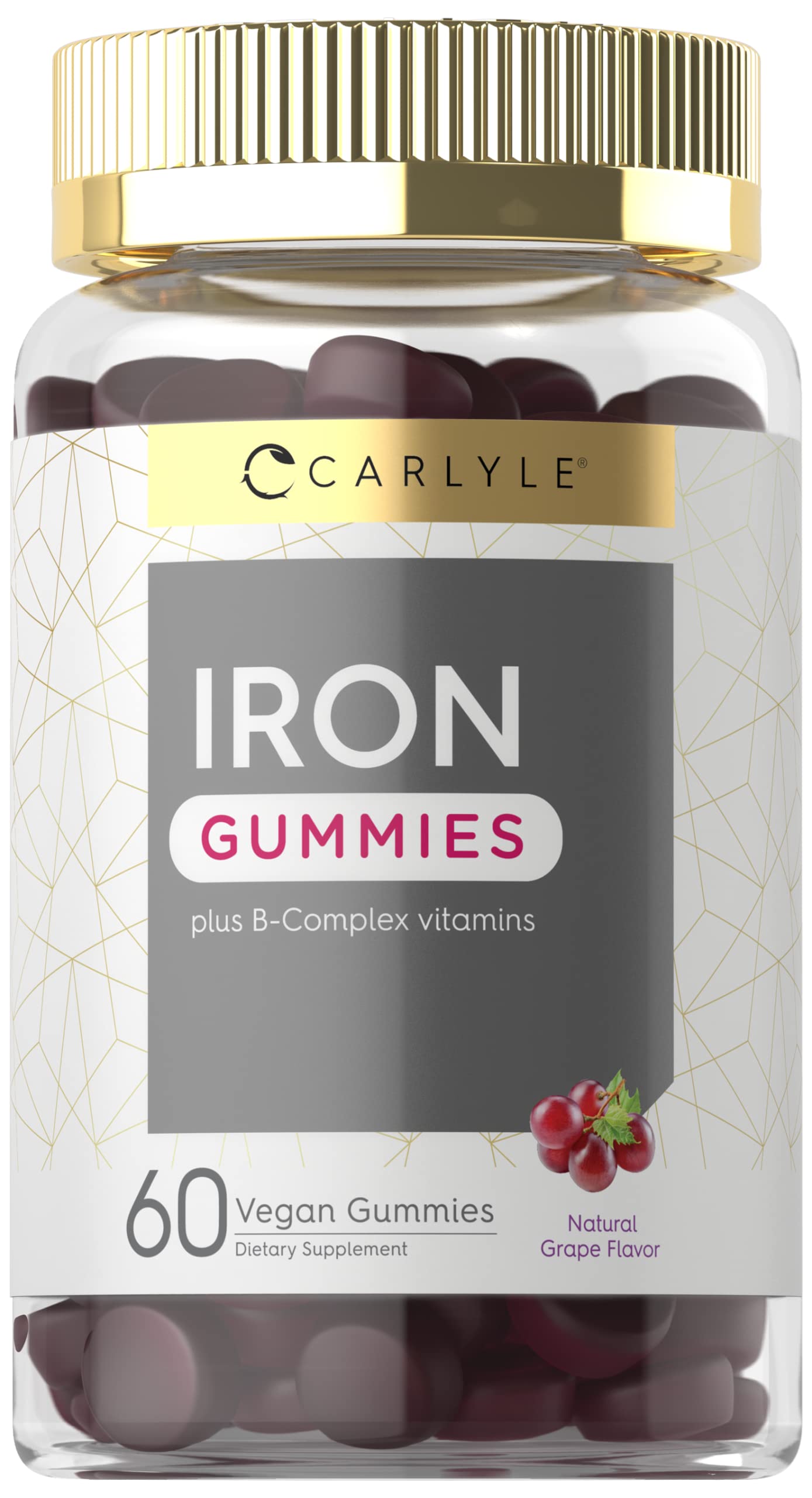 Carlyle Iron Gummies | Plus B-Complex Vitamins | 60 Vegan Gummies | Grape Flavor | Non-GMO, Gluten Free Supplement