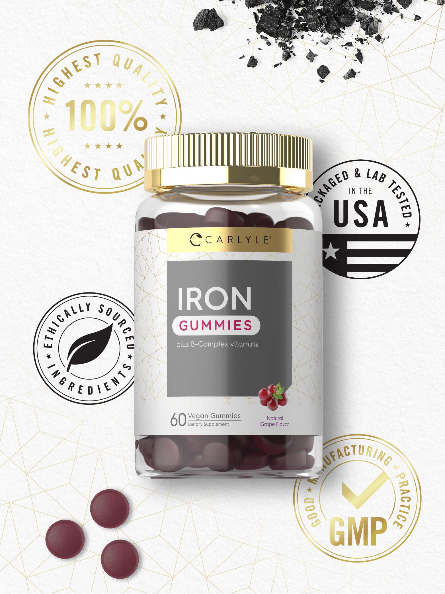 Carlyle Iron Gummies | Plus B-Complex Vitamins | 60 Vegan Gummies | Grape Flavor | Non-GMO, Gluten Free Supplement