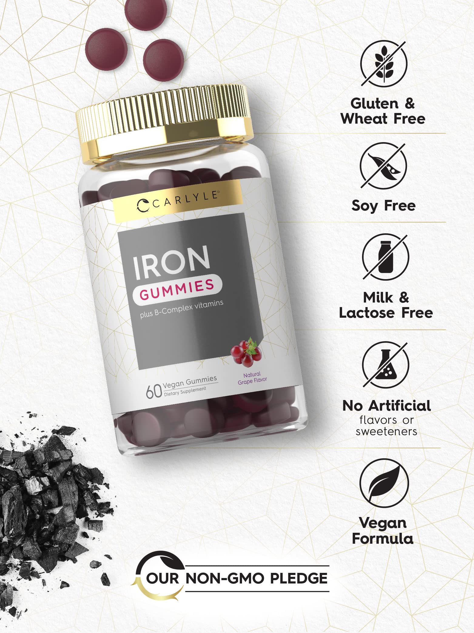 Carlyle Iron Gummies | Plus B-Complex Vitamins | 60 Vegan Gummies | Grape Flavor | Non-GMO, Gluten Free Supplement