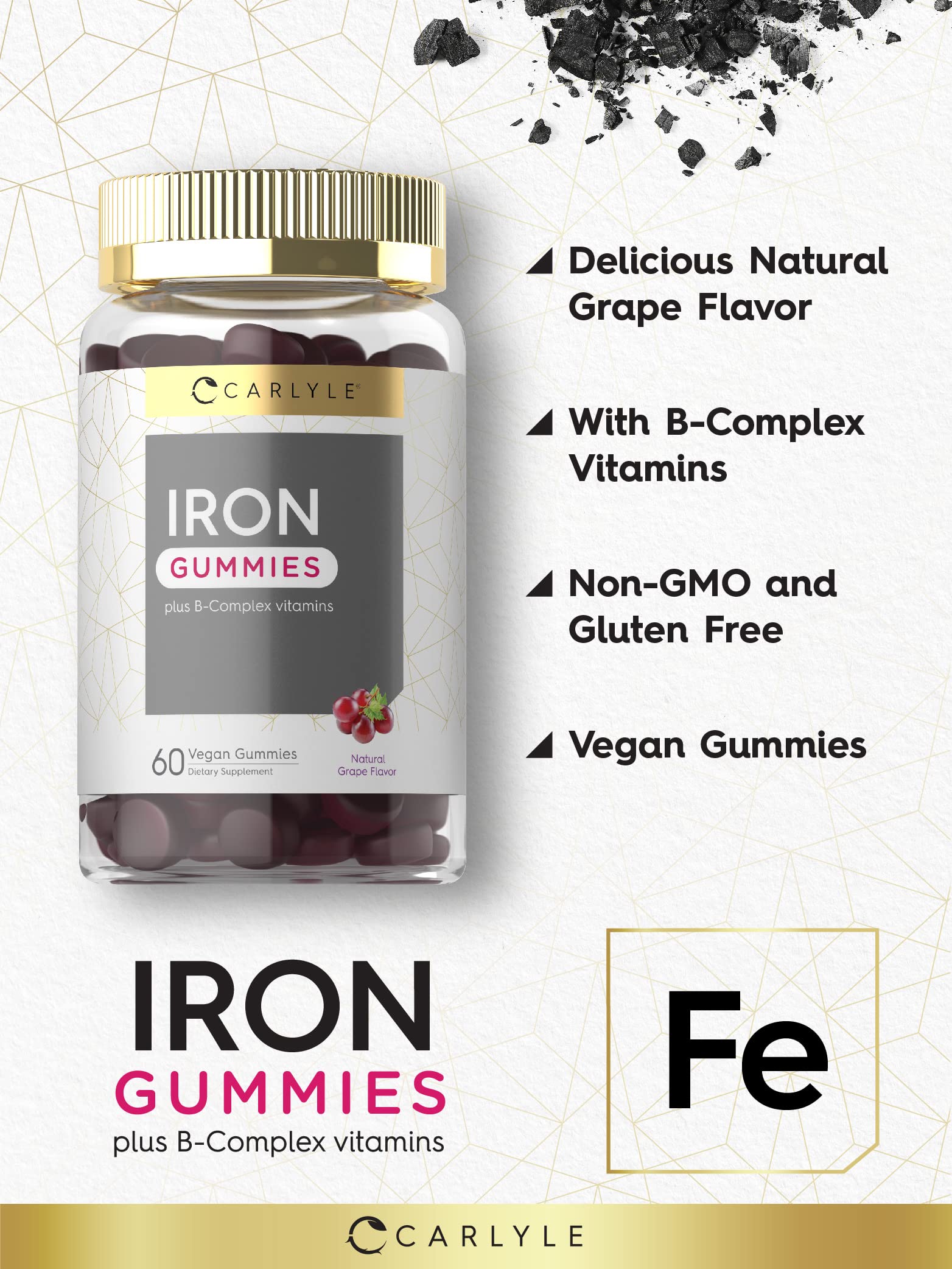 Carlyle Iron Gummies | Plus B-Complex Vitamins | 60 Vegan Gummies | Grape Flavor | Non-GMO, Gluten Free Supplement