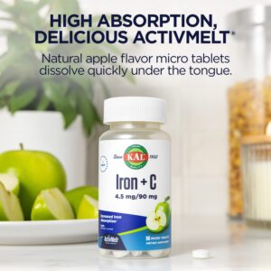 KAL Iron C, 90 Tablets, 4.5 mg/90 mg, Natural Apple Flavor, Increased Absorption Iron Pills, Immune Support