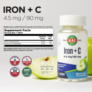 KAL Iron C, 90 Tablets, 4.5 mg/90 mg, Natural Apple Flavor, Increased Absorption Iron Pills, Immune Support