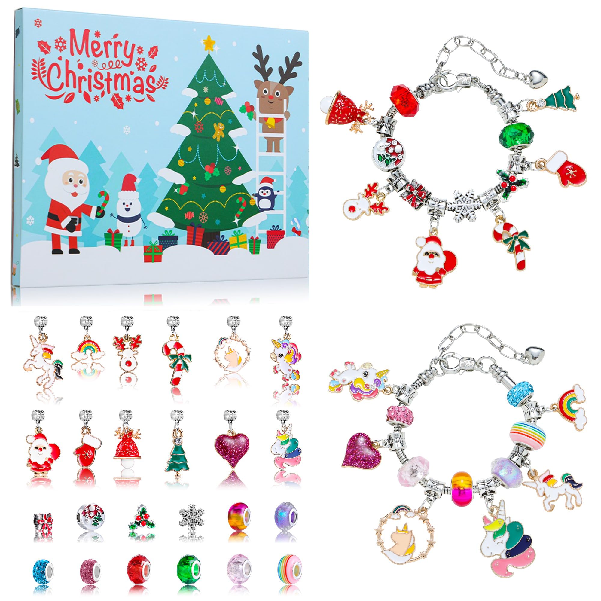 Howcow Christmas Advent Calendar Bracelets 2024, 24 Days Xmas Countdown Calendar with 2pcs DIY Charm Bracelets Kits, Christmas Surprise for Girls Kids Teens Adult Women