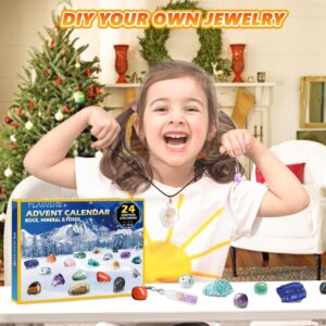 Advent Calendar 2023, Rock Collection Advent Calendars for Kids with 24 Gemstones, Minerals & Fossils, 24 Days Christmas Countdown Calendar with Gem Keychain, Necklace & Wishing Bottle