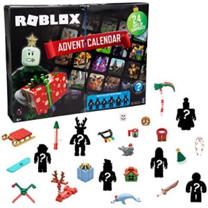 roblox 2024 holiday advent calendar for kids, 24 day gift playset - toy set includes 6 figures, 18 accessories, 2 redeemable codes & more - 30 pieces total - christmas gift for boys & girls ages 6+