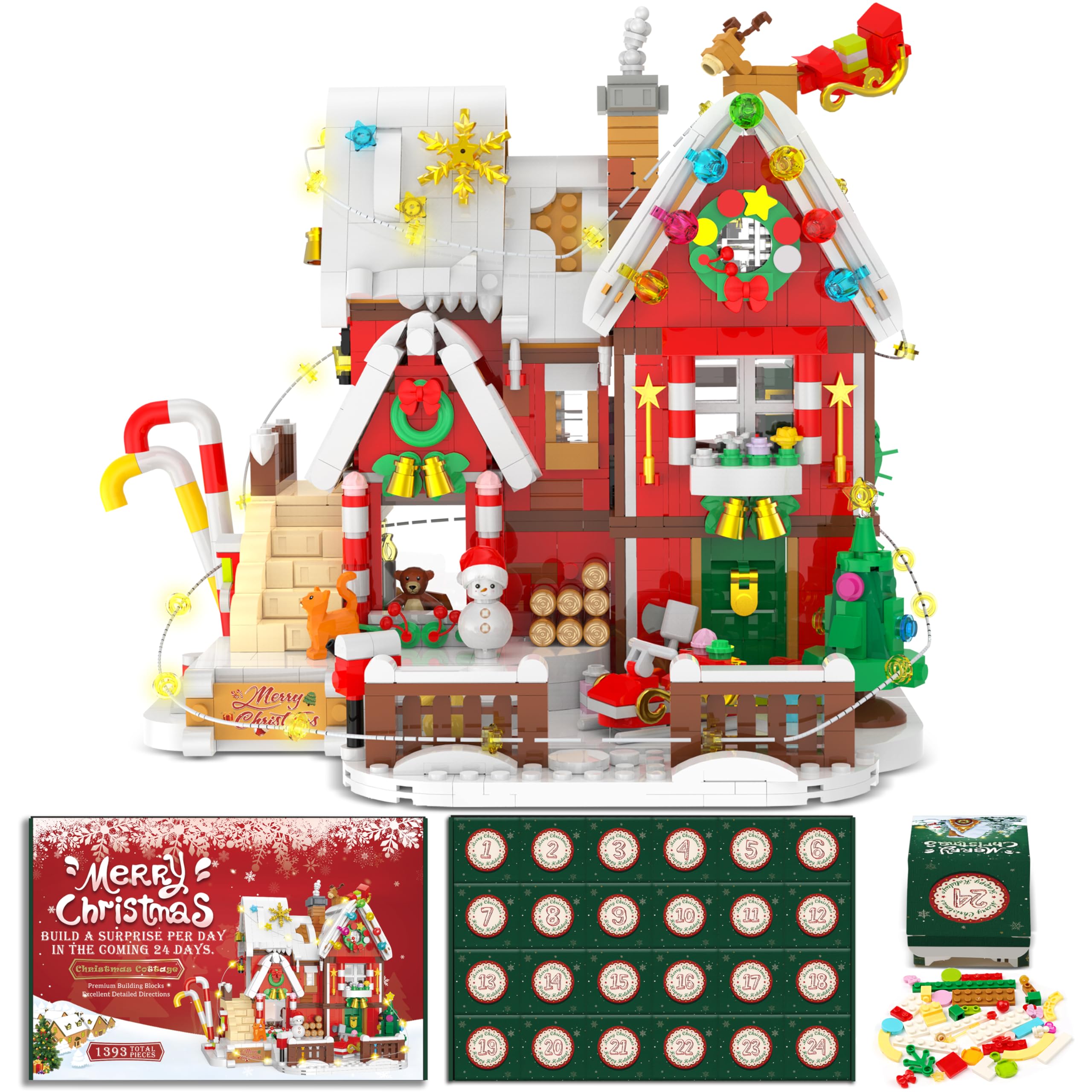 Advent Calendar 2023 Building Blocks Kit - Christmas Cottage, 24 Boxes 1393 Pcs Christmas Countdown Calendar Building Toys, Christmas Toy Building Sets Christmas Gifts Decorations for Boys Girls