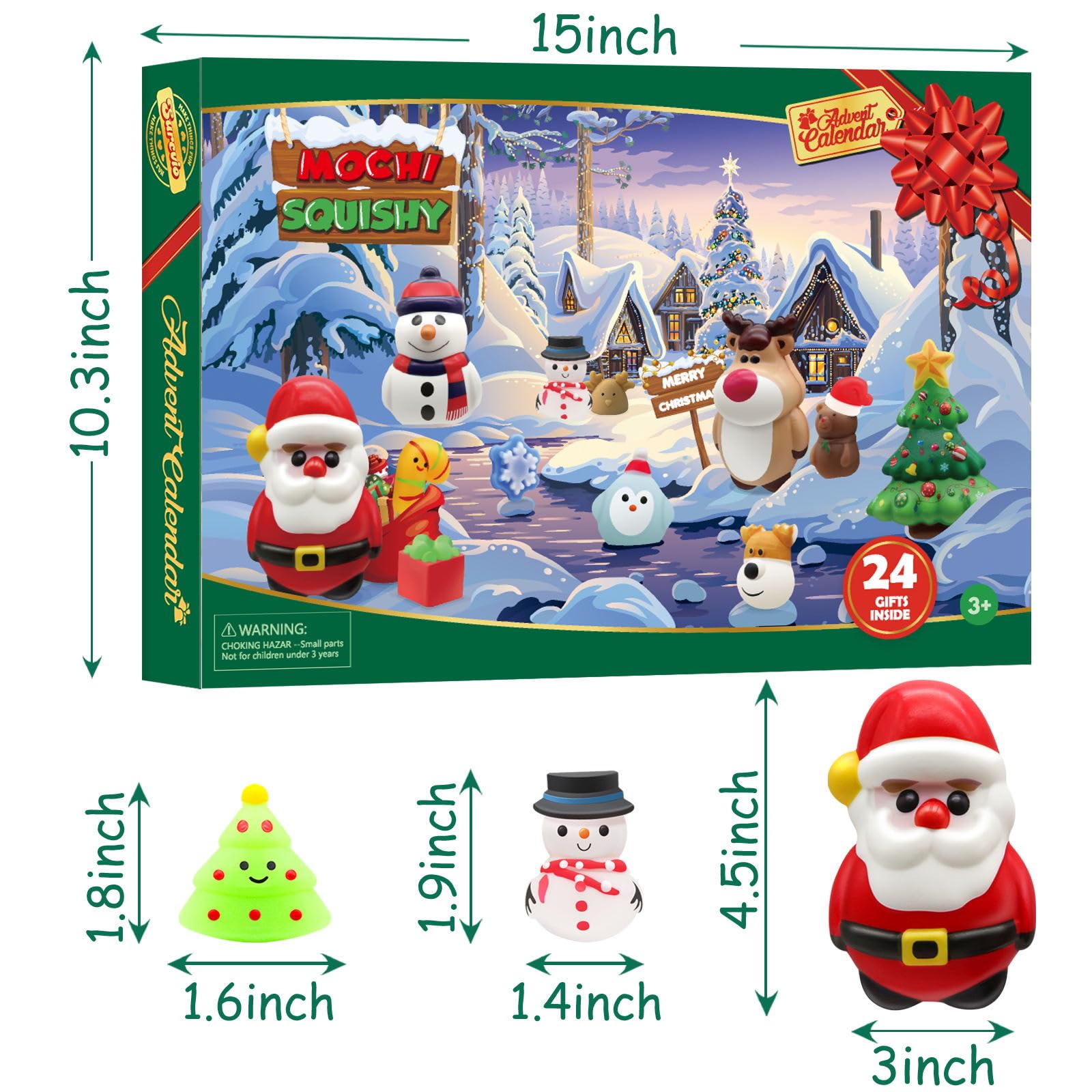 SURCVIO Christmas Advent Calendar 2023 with 4 Cute Jumbo and 20 Mochi Squishy Assorted Toys, 24 Days Countdown Calendar, Xmas Stocking Stuffers Gifts for Boys Girls Christmas Party Favor