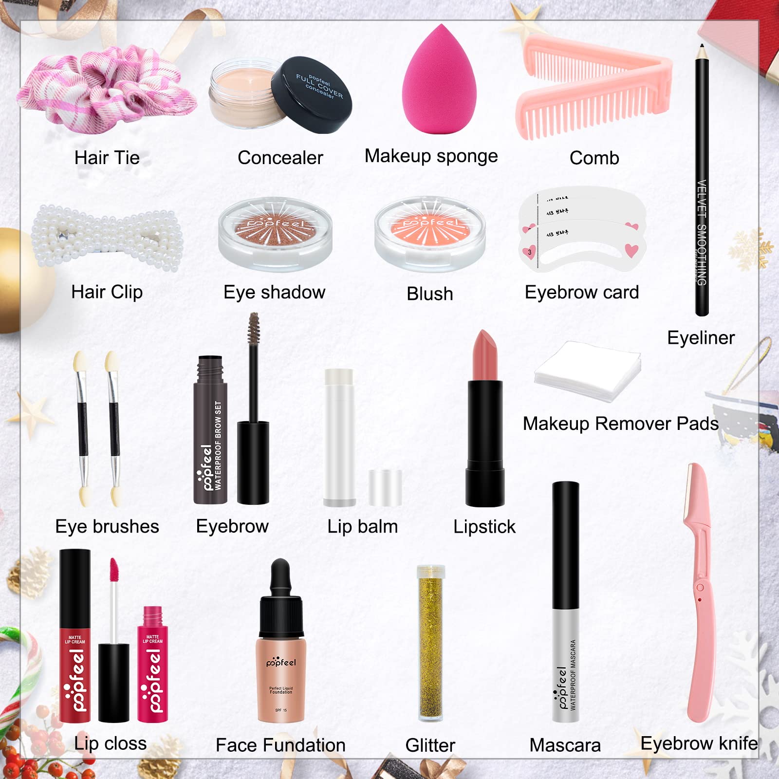 PHOEBE Makeup Advent Calendar Christmas Gifts Teenage Girls All-in-one Makeup Kit Surprise Gift Christmas Countdown Calendar Gifts Include Lip Gloss, Foundation, Concealer, Mascara, Eyebrow Pencil