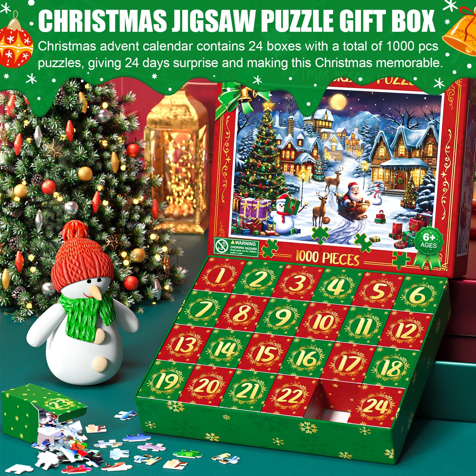 Partylamb Advent Calendar 2023-1000 Pieces Christmas Jigsaw Puzzles for Kids Adults Teens, Christmas Countdown Calendars Family Game Puzzle 24 Days Surprises Xmas Gift Idea for Women Men Boys Girls