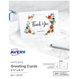 avery printable greeting cards, half-fold, 5.5" x 8.5", matte white, 20 blank cards with envelopes (3265)