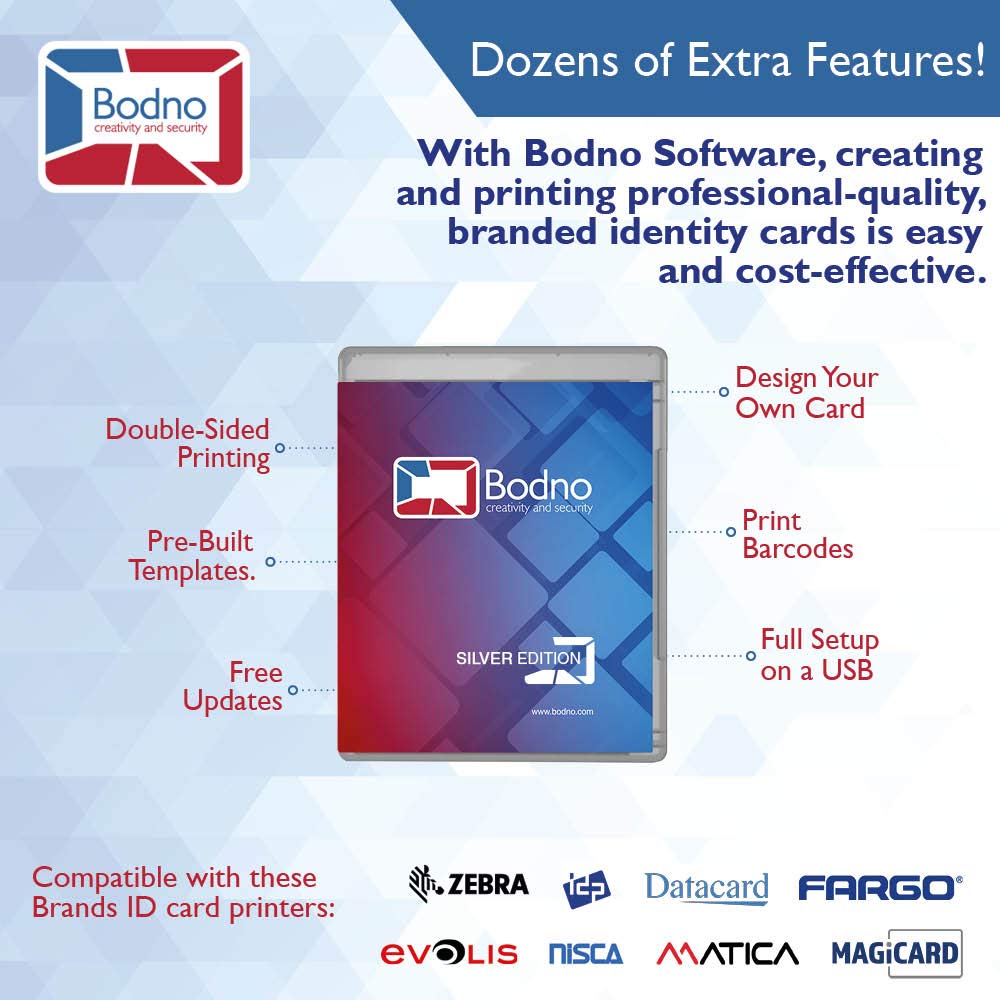 Bodno ID Card Software Program for PC & MAC - Design & Print Photo ID Cards and Gift/Loyalty Cards - Silver Edition