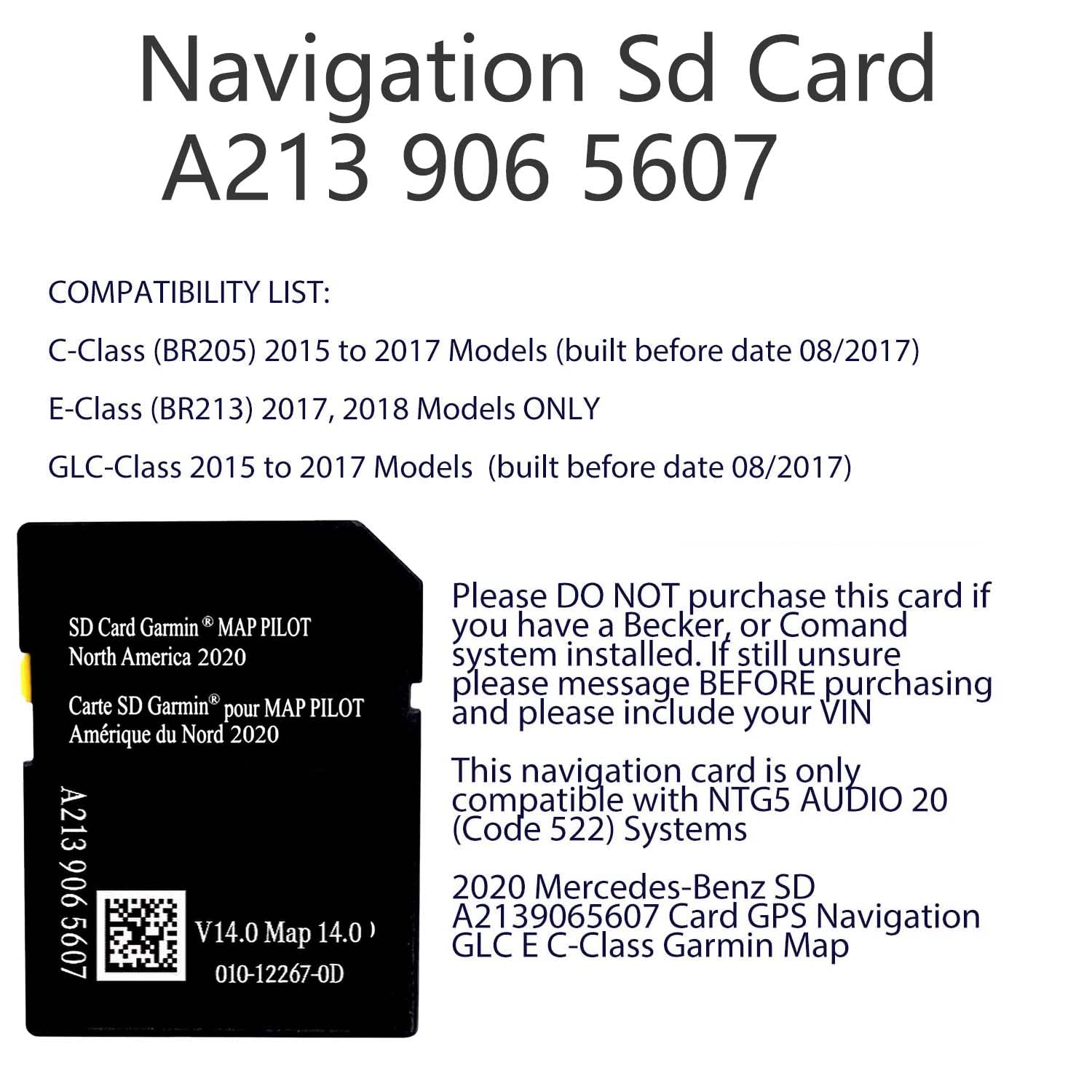 Navigation SD Card Map Compatible with Mercedes Garm./Pilot, C-Class E-Class GLC.Version 14.0 (MAP 14.0) ONLY BE Used in The Audio 20 (Code 522) NTG Sync USA/Can/Mex