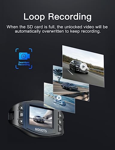 2K Dash Cam Front 1440P, GOODTS Car Camera with 2.45” IPS Screen, Mini Dash Camera for Cars with 150°Wide Angle, Dashcam with G-Sensor, Loop Recording, Parking Monitor, 64GB SD Card, SD Card Reader