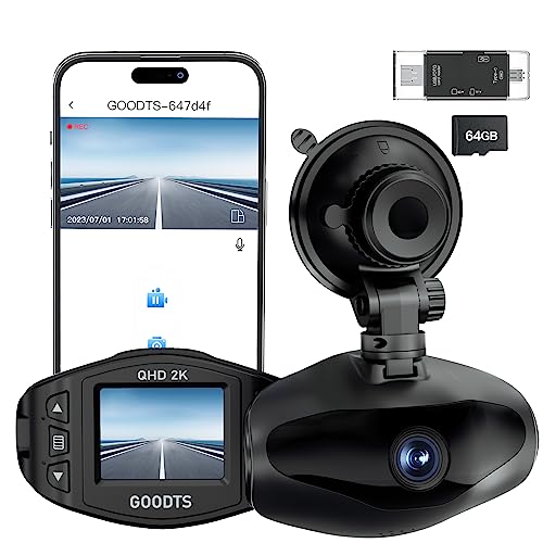 2K Dash Cam Front 1440P, GOODTS Car Camera with 2.45” IPS Screen, Mini Dash Camera for Cars with 150°Wide Angle, Dashcam with G-Sensor, Loop Recording, Parking Monitor, 64GB SD Card, SD Card Reader