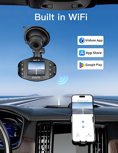 2K Dash Cam Front 1440P, GOODTS Car Camera with 2.45” IPS Screen, Mini Dash Camera for Cars with 150°Wide Angle, Dashcam with G-Sensor, Loop Recording, Parking Monitor, 64GB SD Card, SD Card Reader