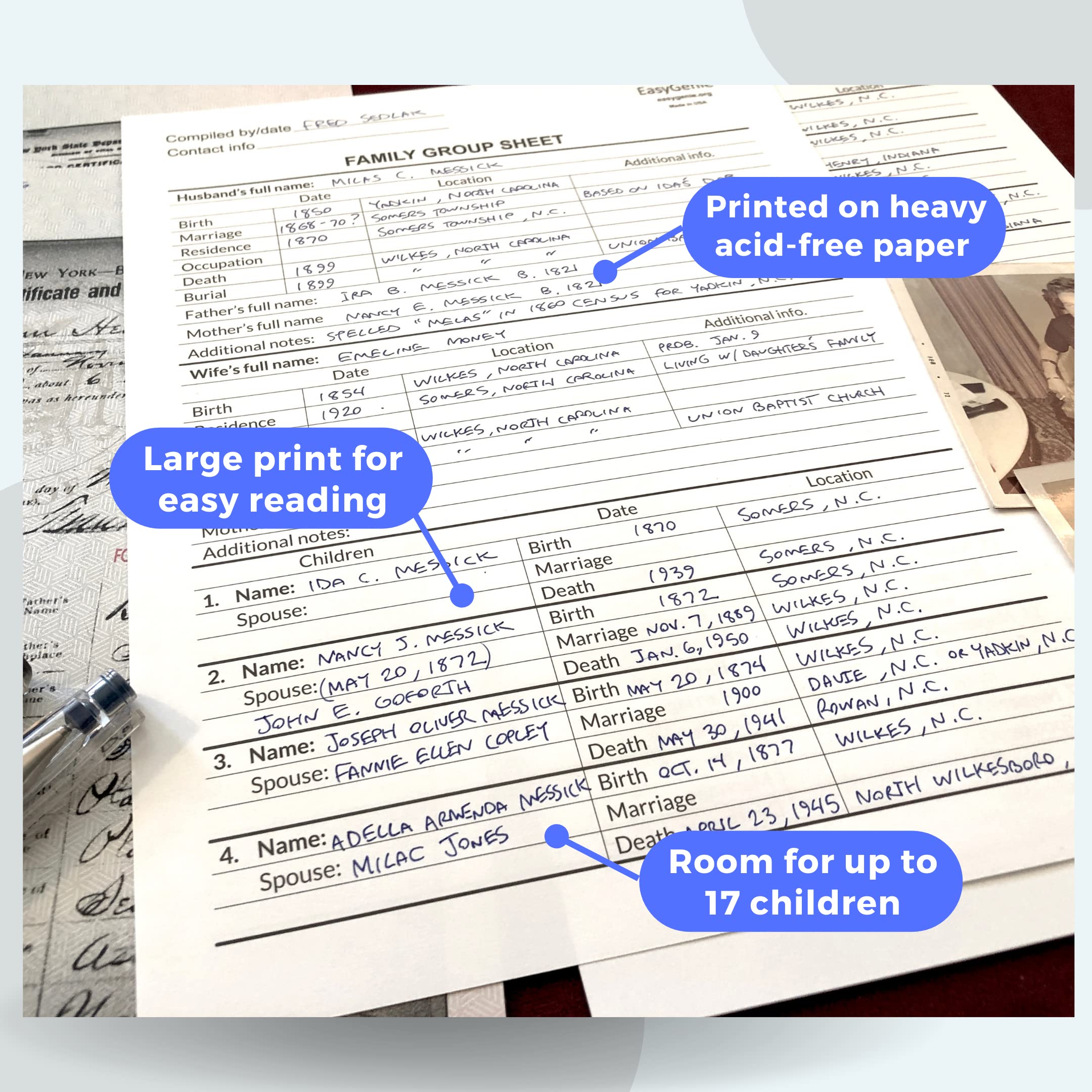 LARGE PRINT Two-Sided Family Group Sheets for Ancestry (30 Sheets) by EasyGenie | Archival-Quality Genealogy Forms