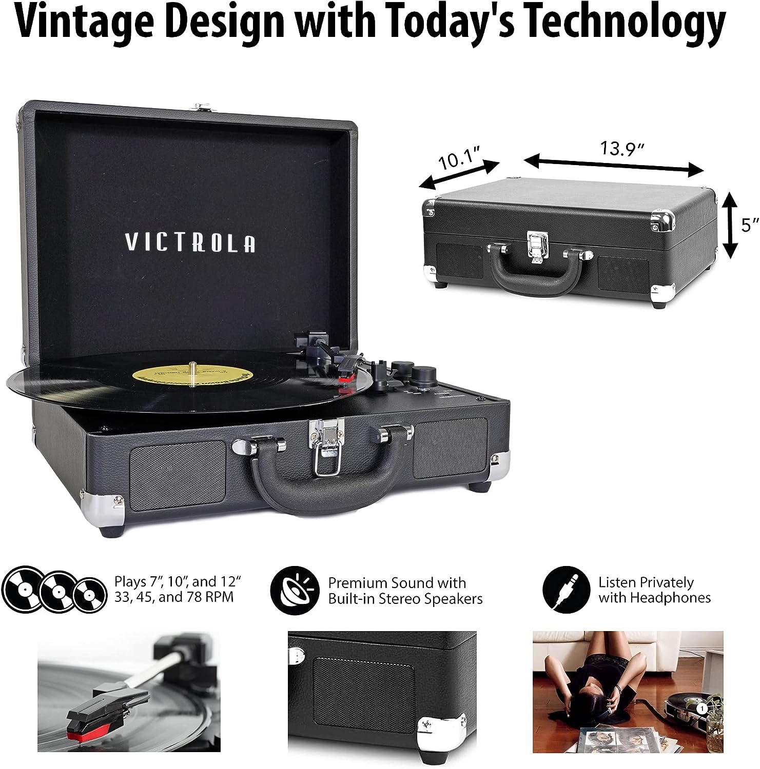 Victrola Vintage 3-Speed Bluetooth Portable Suitcase Record Player with Built-in Speakers | Upgraded Turntable Audio Sound|Smoky Blue, Model Number: VSC-550BT-SMB