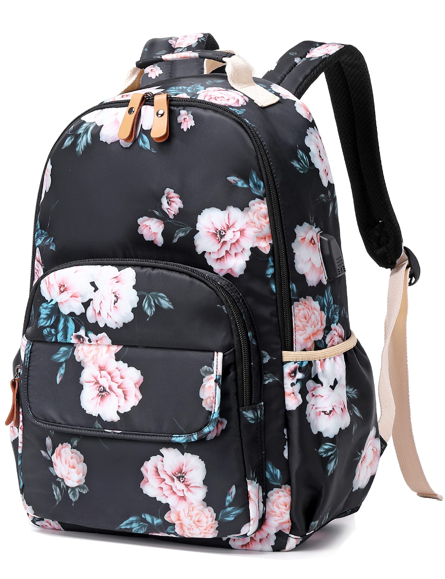 Leaper Floral School Backpack Girls Bookbag Daypack USB Charging Port Black-2