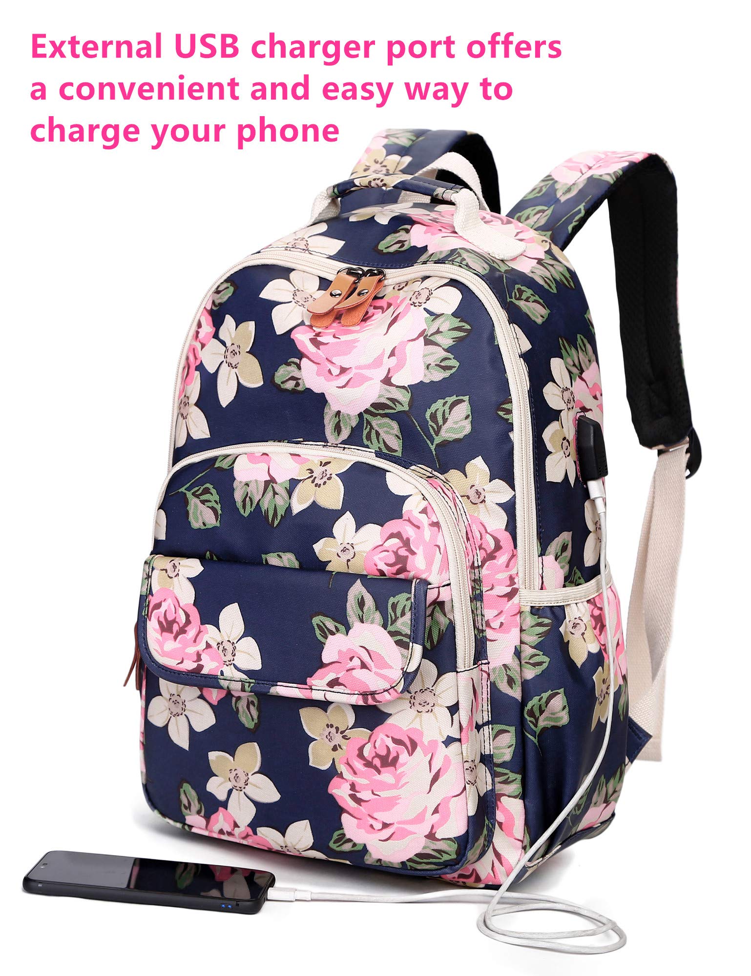 Leaper Floral School Backpack Girls Bookbag Daypack USB Charging Port Black-2