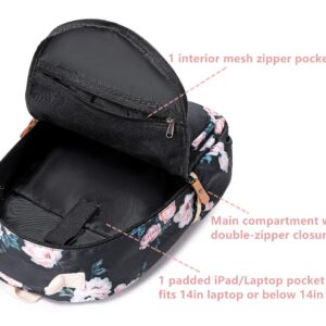 Leaper Floral School Backpack Girls Bookbag Daypack USB Charging Port Black-2