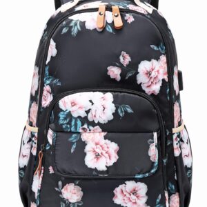 Leaper Floral School Backpack Girls Bookbag Daypack USB Charging Port Black-2