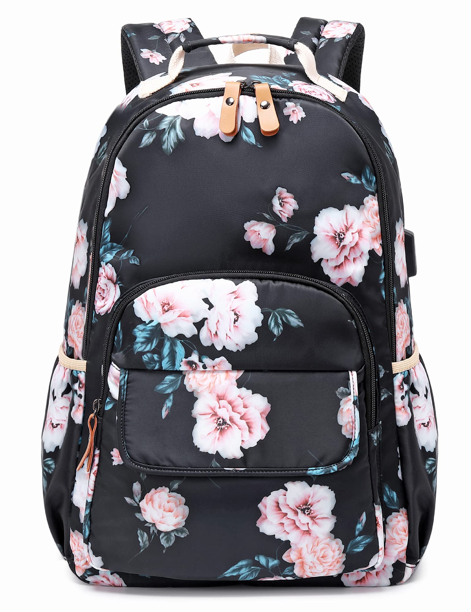 Leaper Floral School Backpack Girls Bookbag Daypack USB Charging Port Black-2