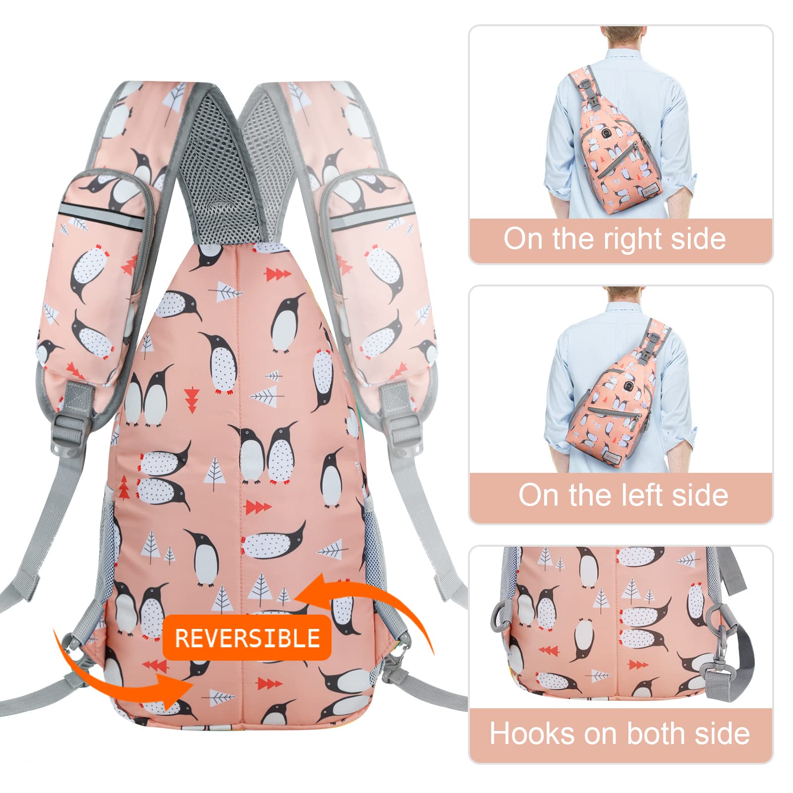 ZOMAKE Sling Bag, Penguin Pink, Nylon, 5 Separate Compartments, 10" iPad Compartment, Anti-Theft, Adjustable Reversible Shoulder Strap, Water Resistant