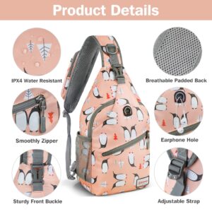 ZOMAKE Sling Bag, Penguin Pink, Nylon, 5 Separate Compartments, 10" iPad Compartment, Anti-Theft, Adjustable Reversible Shoulder Strap, Water Resistant